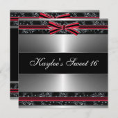 ブラック レッド リボン シルバー スイート シックスティーン 誕生日 招待状 (正面/裏面)