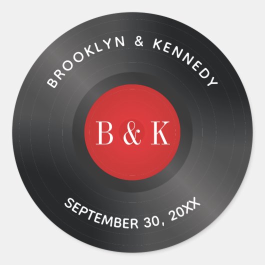 ブラック レッド ロック アンド ロール モノグラム 名前 ビニール レコード ラウンドシール (正面)