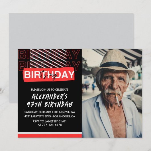 ブラック レッド 写真 男性 97歳の誕生日招待状 招待状 (正面/裏面)