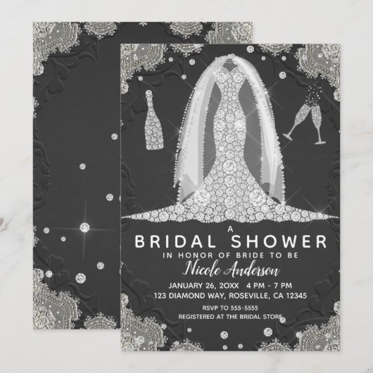 ブラック&レースダイヤモンド結婚ズドレスブライダルシャワー 招待状 (正面/裏面)