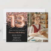ブラック＋ローズゴールドのグリッター 13歳の誕生日パーティーの写真 招待状 (正面)