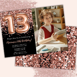 ブラック+ローズゴールドのグリッター 13歳の誕生日パーティーの写真 招待状