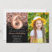 ブラック+ローズゴールドのラメ 6歳の誕生日パーティーの写真 招待状 (正面)
