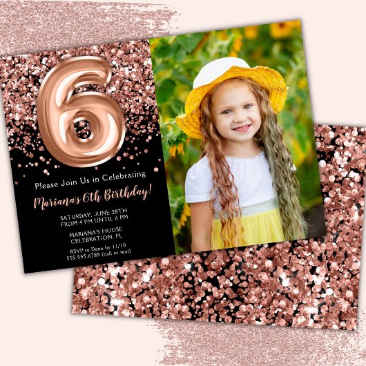 ブラック+ローズゴールドのラメ 6歳の誕生日パーティーの写真 招待状