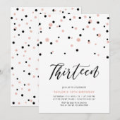 ブラック＆ローズゴールドガール 13歳の誕生日パーティー 招待状 (正面/裏面)