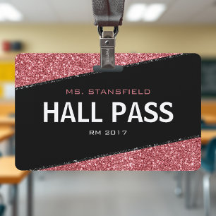 ブラック&ローズゴールドグリッター学校教師ホールパス バッジ