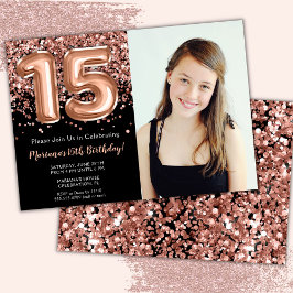 ブラック+ローズ+ゴールドのグリッターの15歳の誕生日パーティーの写真 招待状