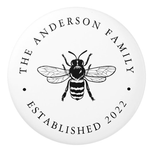 ブラック |ヴィンテージビーイラストレーション パーソナライズされた セラミックノブ (正面)