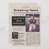 ブラック ヴィンテージ ニュース 誕生日 招待状 (正面/裏面)