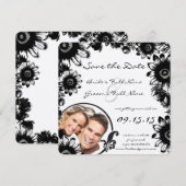 ブラック ヴィンテージ フラワー ウェディング セーブ ザ デート 招待状 (正面/裏面)