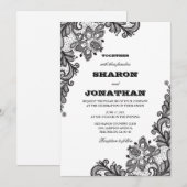 ブラック ヴィンテージ レース エレガント ウェディング 招待状 (正面/裏面)
