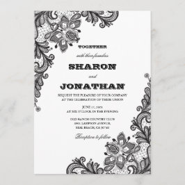 ブラック ヴィンテージ レース エレガント ウェディング 招待状