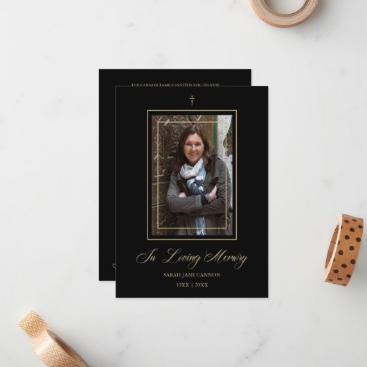 ブラック&伝統的ゴールデンエレガントフォト葬儀 ノートカード (正面/裏面インサイチュ)