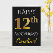 ブラック、偽のゴールド 12周年 結婚記念日 + 名前 カード (黄色い花)