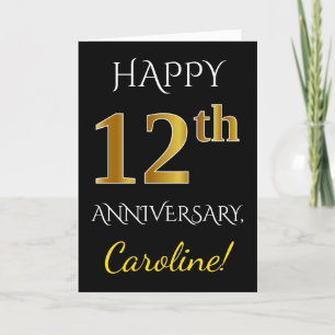 ブラック、偽のゴールド 12周年 結婚記念日 + 名前 カード
