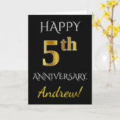 ブラック、偽のゴールド 5周年 結婚記念日 + 名前 カード (黄色い花)