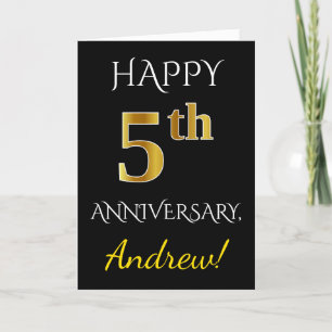 ブラック、偽のゴールド 5周年 結婚記念日 + 名前 カード