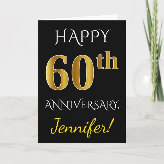 ブラック、偽のゴールド 60周年 結婚記念日 + 名前 カード (正面)