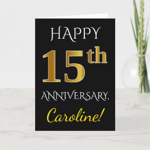 ブラック、偽ゴールド 15周年 結婚記念日 + 名前 カード