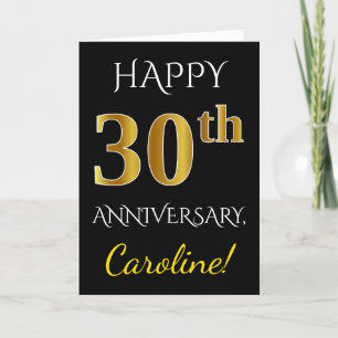 ブラック、偽ゴールド 30周年 結婚記念日 + 名前 カード