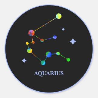 ブラック〔占星術の〕十二宮図アクエリアスレインボーステッカー ラウンドシール