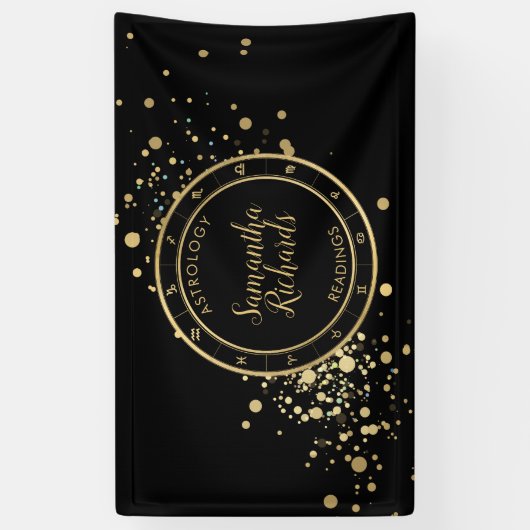 ブラック〔占星術の〕十二宮図星占い金ゴールド星 横断幕 (縦)
