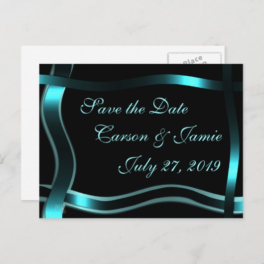 ブラック&救ティール（緑がかった色）の招待状カスタマイズ 案内ポストカード (正面/裏面)