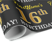 ブラック、模造金ゴールド「16誕生日」 ラッピングペーパー (ロールコーナー)