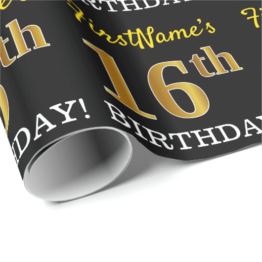 ブラック、模造金ゴールド「16誕生日」 ラッピングペーパー (ロールコーナー)