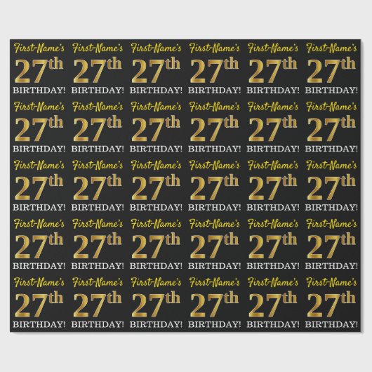 ブラック、模造金ゴールド「27誕生日」 ラッピングペーパー (フラット)