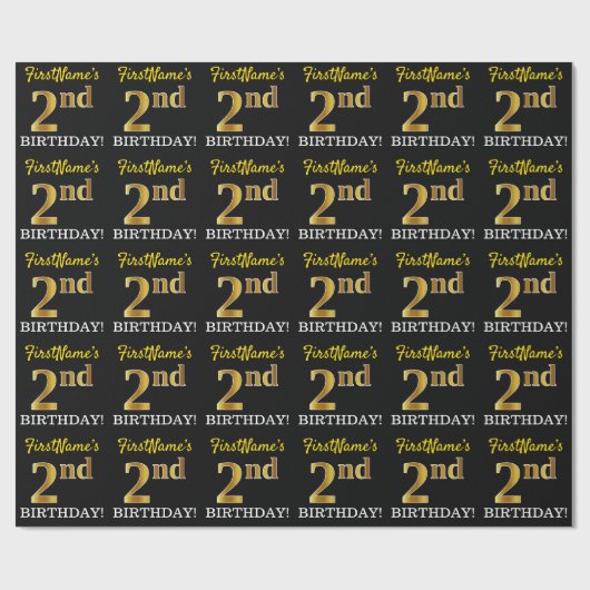 ブラック、模造金ゴールド「2nd BIRTHDAY」 ラッピングペーパー (フラット)
