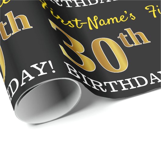 ブラック、模造金ゴールド「30歳の誕生日」 ラッピングペーパー (ロールコーナー)