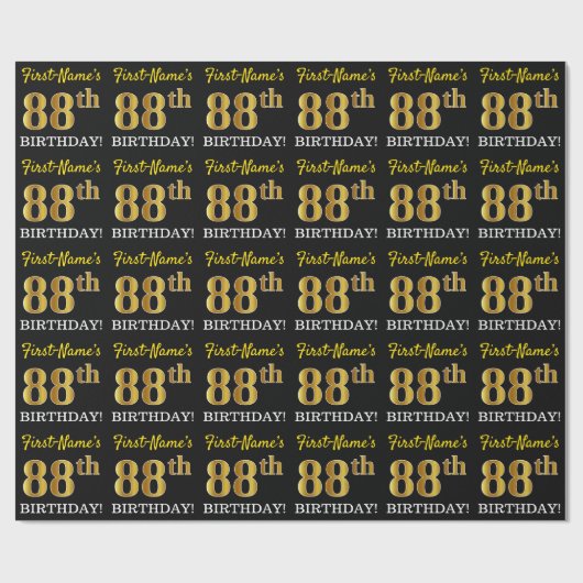 ブラック、模造金ゴールド「88誕生日」 ラッピングペーパー (フラット)