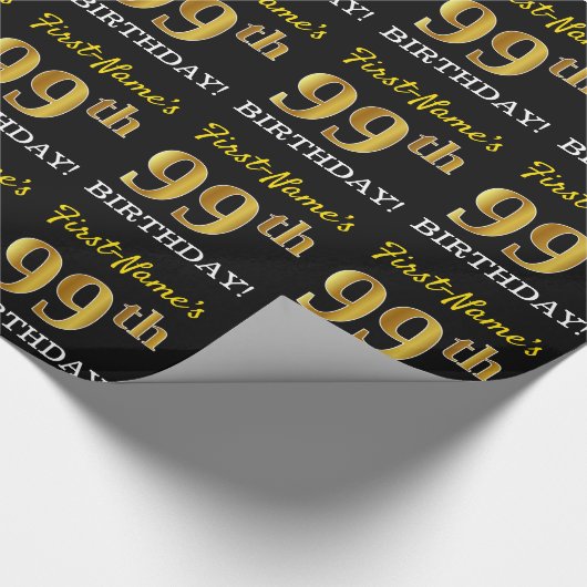 ブラック、模造金ゴールド「99誕生日」 ラッピングペーパー (角)