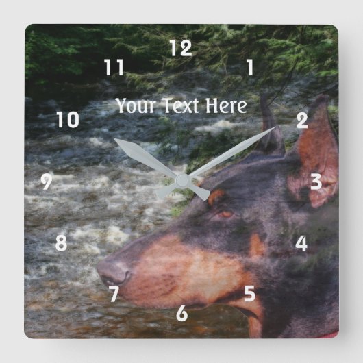 ブラック（犬）ドーベルマン・ピンシェルドッグアンドストリーム スクエア壁時計 (正面)