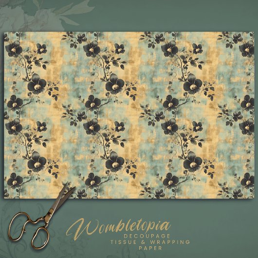 ブラック&素朴アイボリーワイルドフラワーオンセージグリーン 薄葉紙