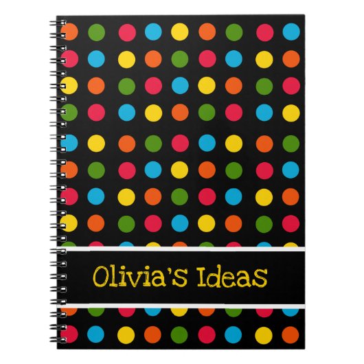 ブラック |赤ブルーグリーンイエローオレンジ水玉模様 ノートブック (正面)