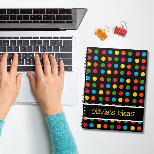 ブラック |赤ブルーグリーンイエローオレンジ水玉模様 ノートブック