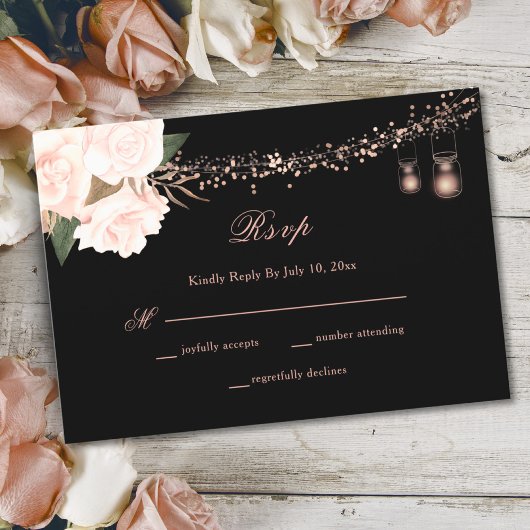 ブラック&赤面バラフローラストリングラ結婚イト 出欠カード