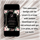 ブラック |赤面ピンクフローラ50番目の誕生日招待状 招待状