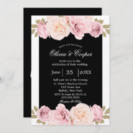 ブラック&赤面ピンクローゼス結婚式招待状 招待状