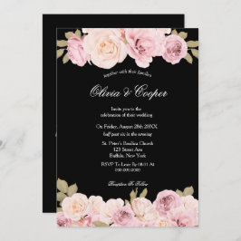 ブラック&赤面ピンクローゼス結婚式招待状 招待状