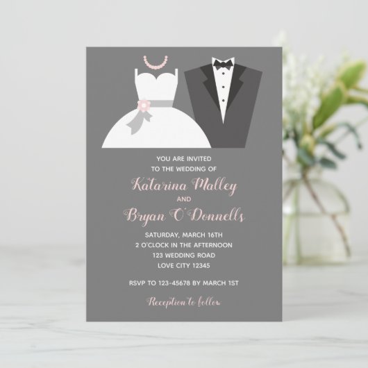 ブラック&赤面ピンク結婚式招待状ツキセドガウン 招待状 (スタンド正面)