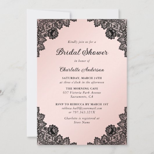 ブラック&赤面フローラレースブライダルシャワー 招待状 (正面)