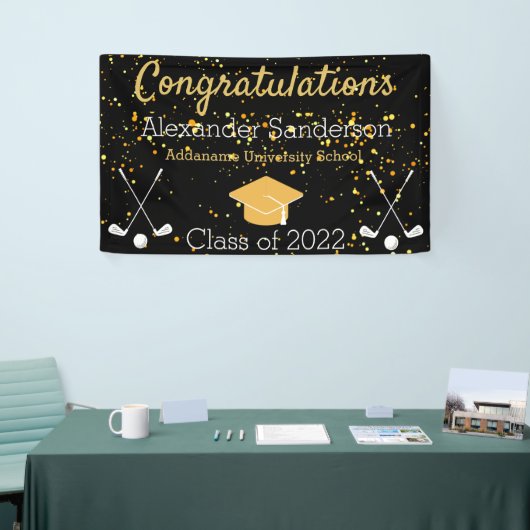 ブラック&金ゴールドおめでとうグレードゴルファー卒業 横断幕 (トレードショー)