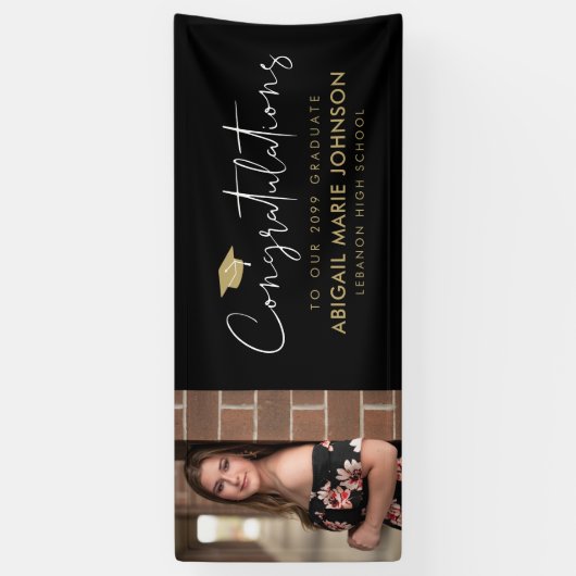 ブラック&金ゴールドおめでとう写真卒業 横断幕 (縦)