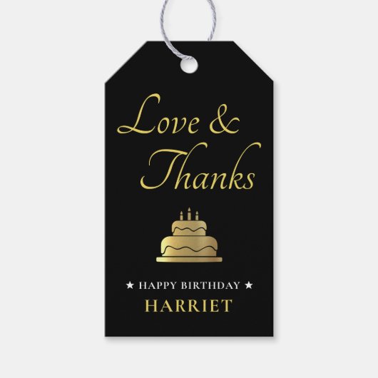 ブラック&金ゴールドお誕生日ケーキありがとう ギフトタグ (正面)
