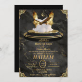 ブラック&金ゴールドかわいいムスリムキッドアメン招待状 招待状 (正面/裏面)