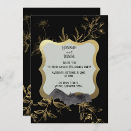 ブラック&金ゴールドこうもりエレガントハローウィンパーティ 招待状