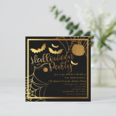 ブラック&金ゴールドこうもりカボチャエレガントハローウィンパーティ 招待状 (スタンド正面)